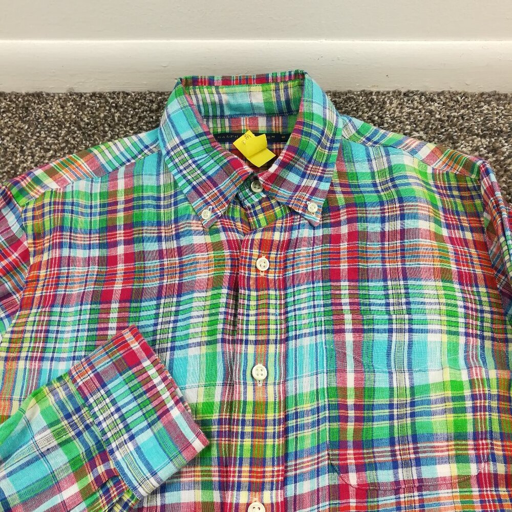 Polo Ralph Lauren Shirt Linen Indian Madras Plaid L/S Button Down Mens Small